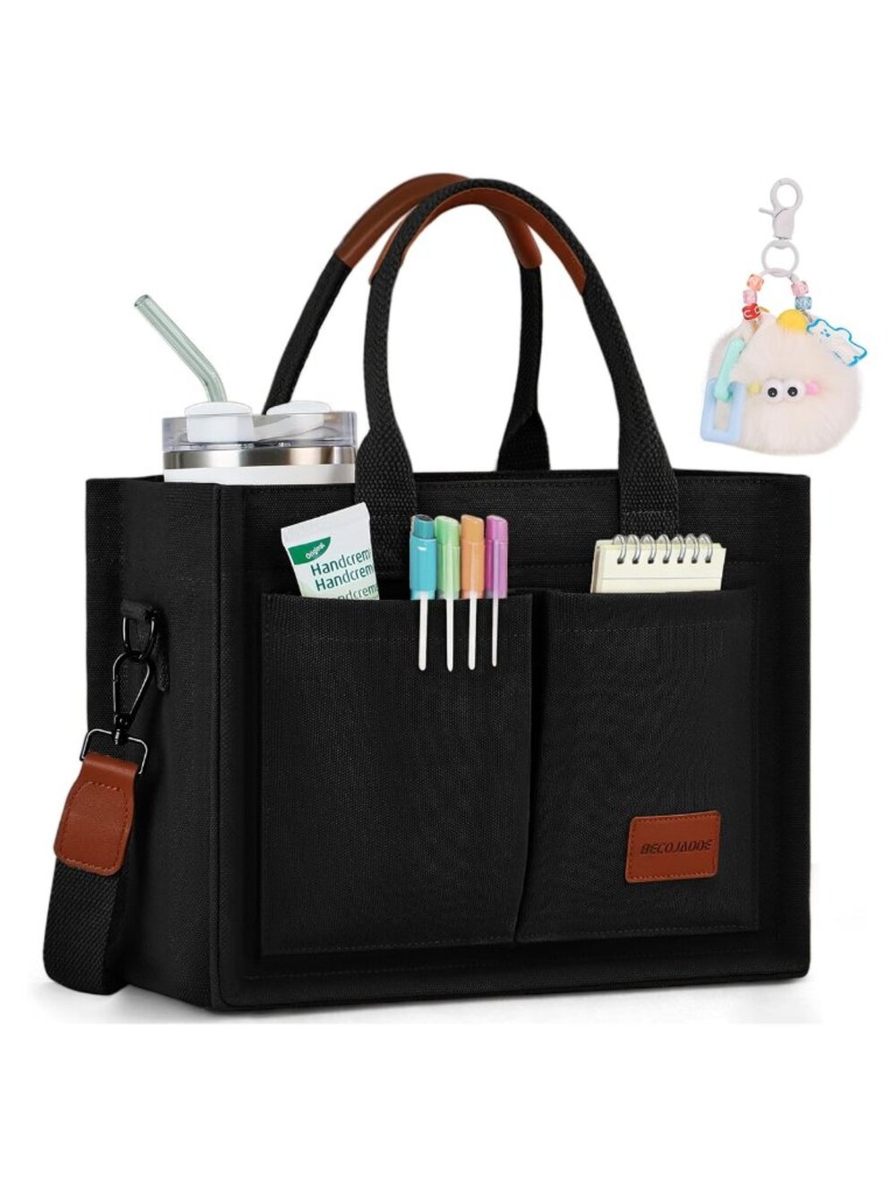 Structured Canvas Tote Bag Multi-Compartment Zippered Work Travel Purse